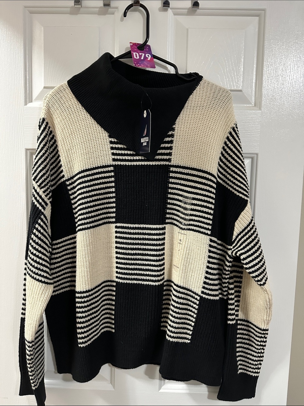 Nautica Black & Cream Checkered Turtleneck Sweater